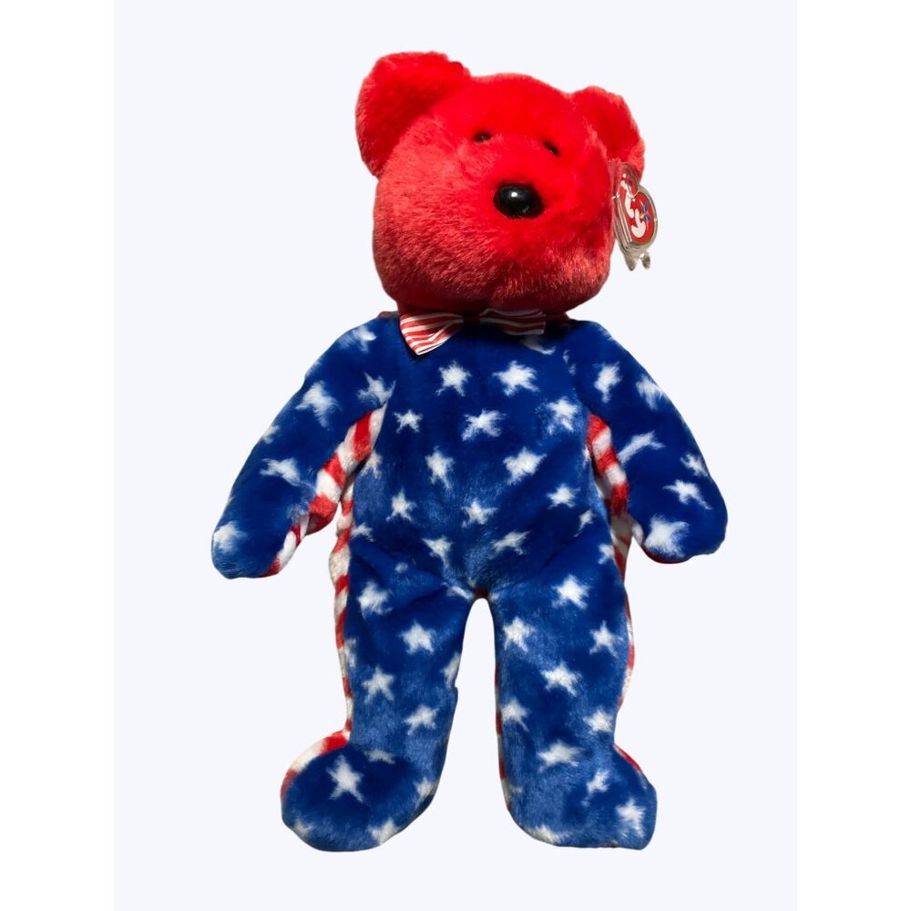 Ty Beanie Buddies Liberty Red and Blue Plush Bear With Stars and Stripes Design - Picture 4 of 10